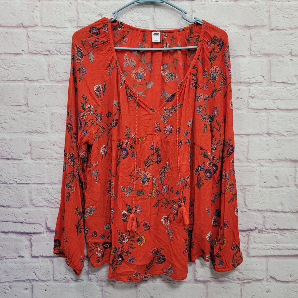 Old Navy Boho Floral Peasant Tunic Blouse L Red Rayon Tassel Cottagecore Indie